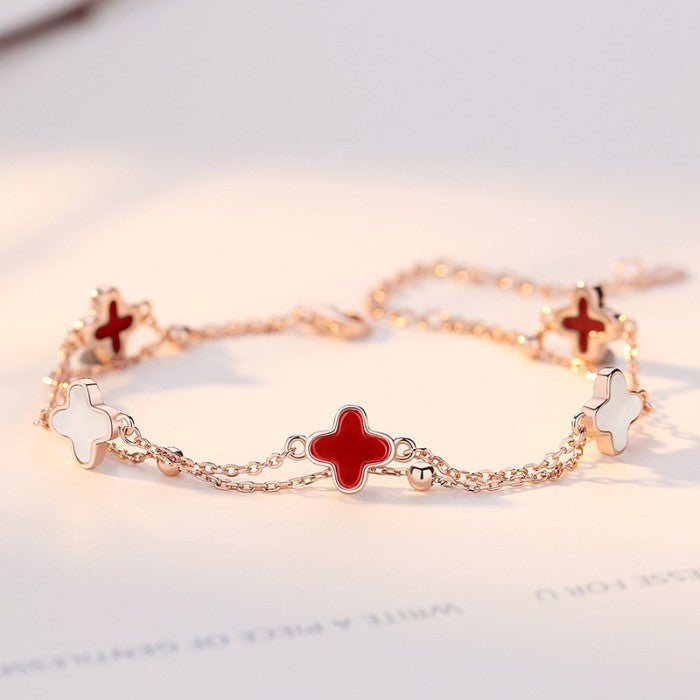 Gelang S925 Perak Empat Daun Clover dengan Batu Onyx Gaya Elegan Bracelet