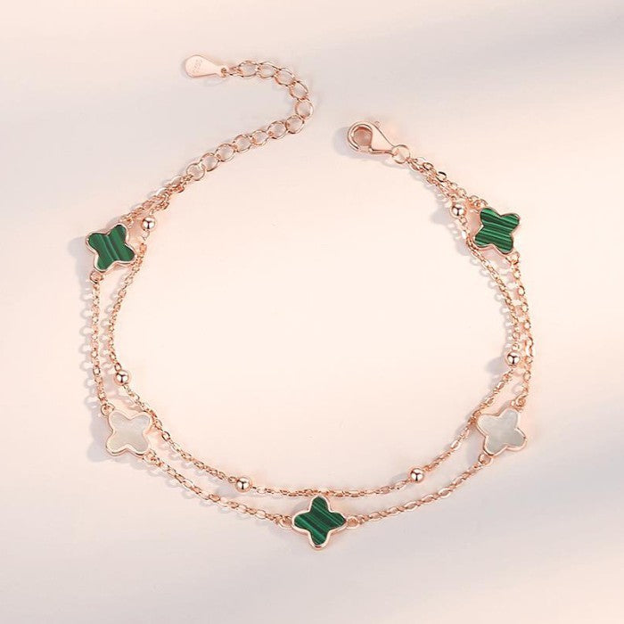Gelang S925 Perak Empat Daun Clover dengan Batu Onyx Gaya Elegan Bracelet