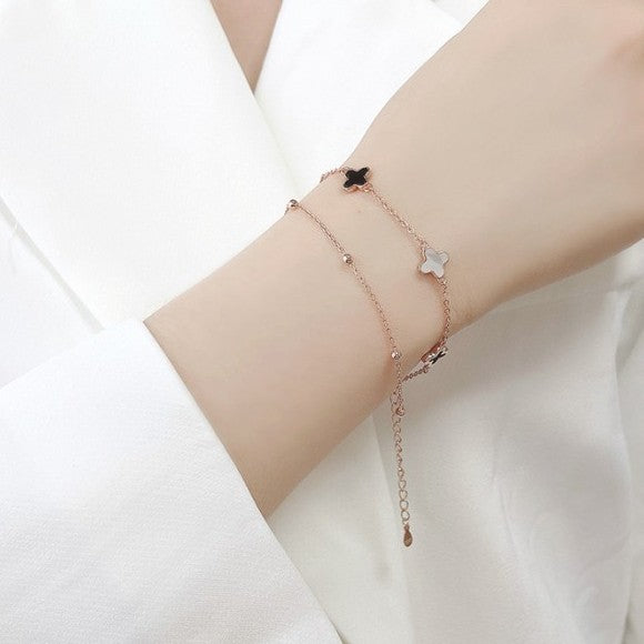 Gelang S925 Perak Empat Daun Clover dengan Batu Onyx Gaya Elegan Bracelet
