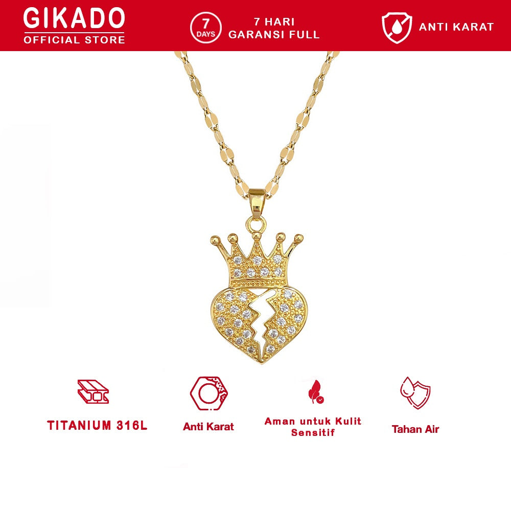 Gikado Kalung Wanita Titanium Mahkota dan Hati Pecah Broken Heart Crown