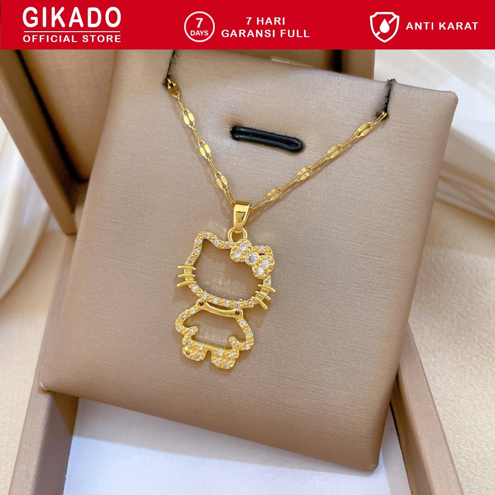 Gikado Kalung Wanita Titanium Hello Kitty Kucing Emas Perak