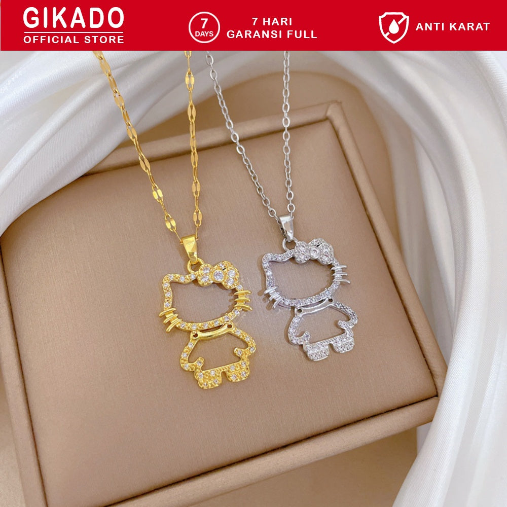 Gikado Kalung Wanita Titanium Hello Kitty Kucing Emas Perak