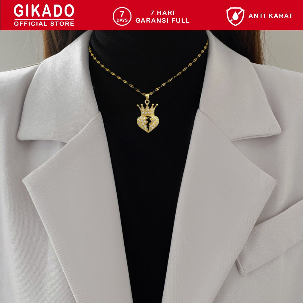 Gikado Kalung Wanita Titanium Mahkota dan Hati Pecah Broken Heart Crown