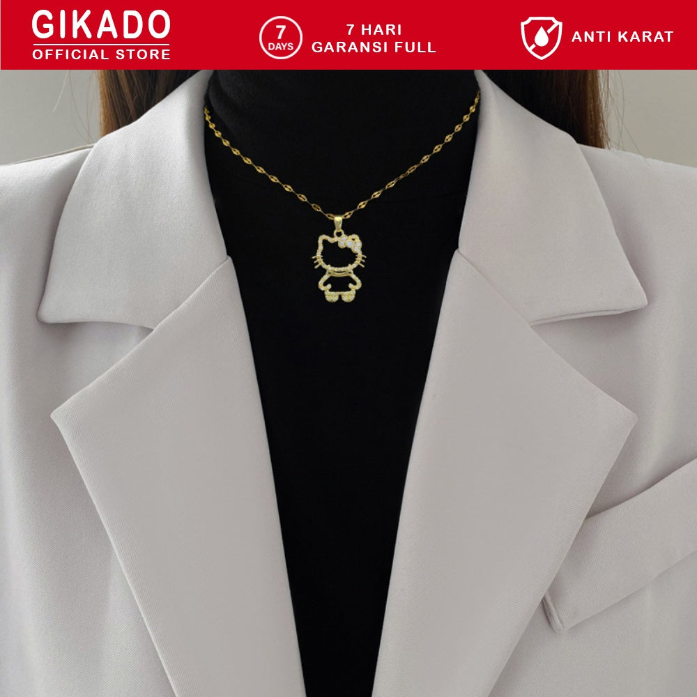Gikado Kalung Wanita Titanium Hello Kitty Kucing Emas Perak