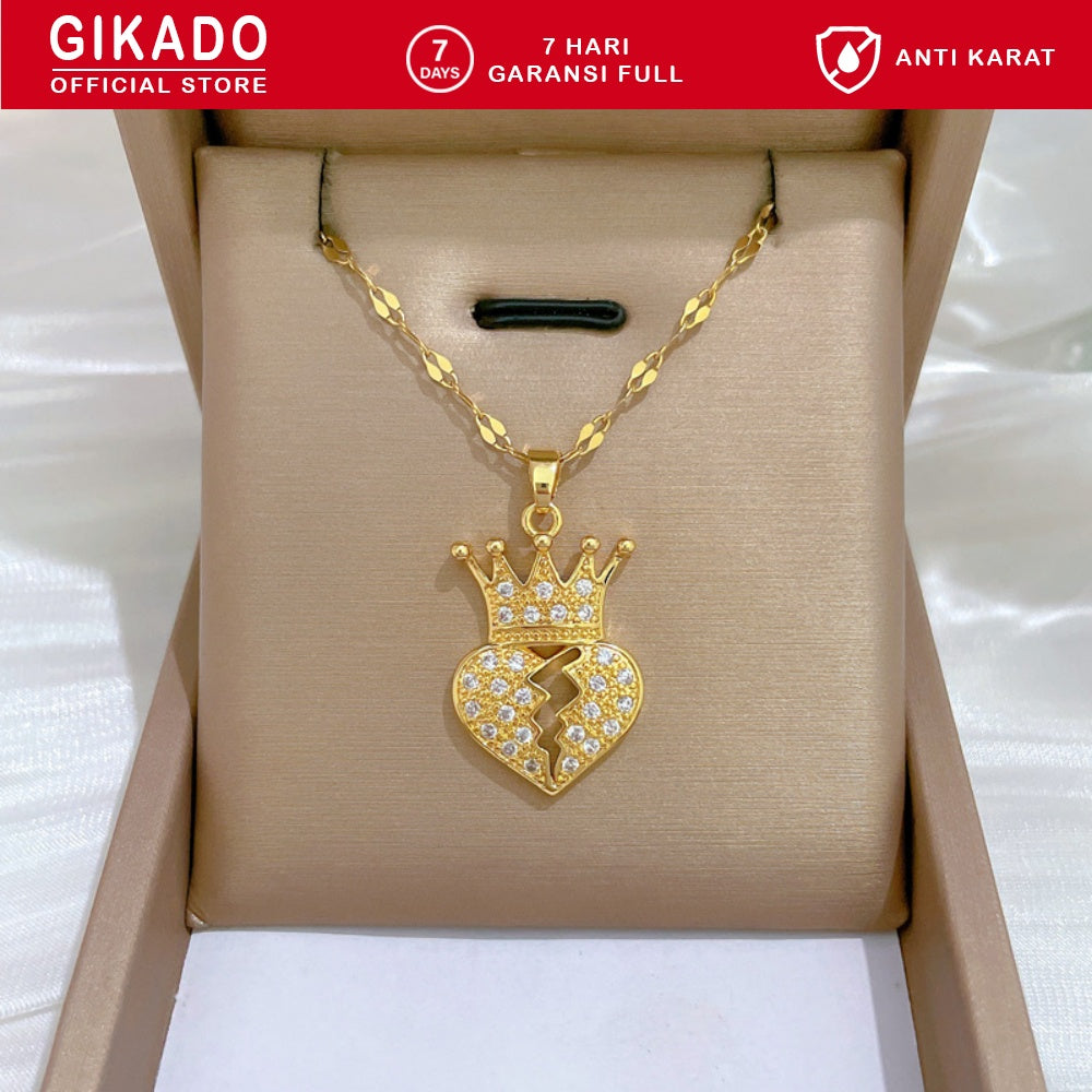 Gikado Kalung Wanita Titanium Mahkota dan Hati Pecah Broken Heart Crown
