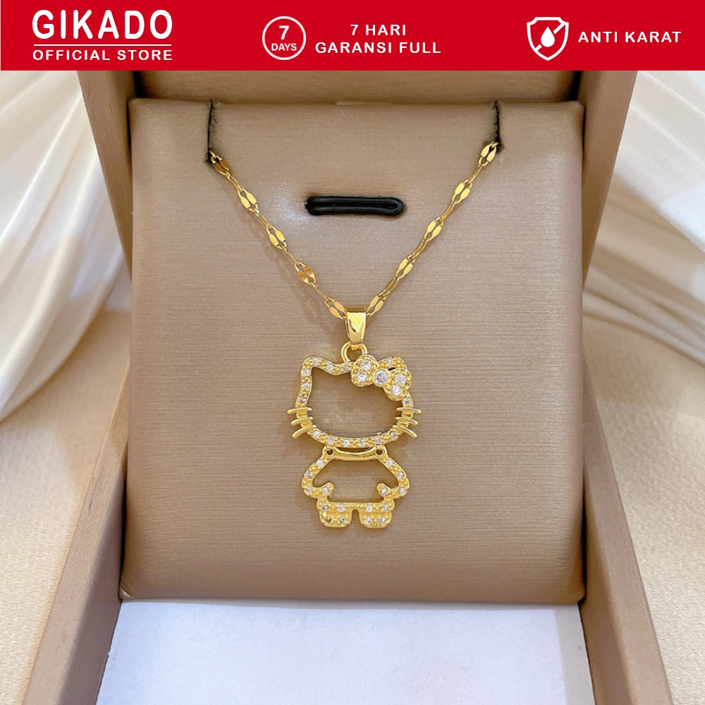 Gikado Kalung Wanita Titanium Hello Kitty Kucing Emas Perak